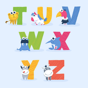 Childrens alphabet with bright different collection cute animals and letters