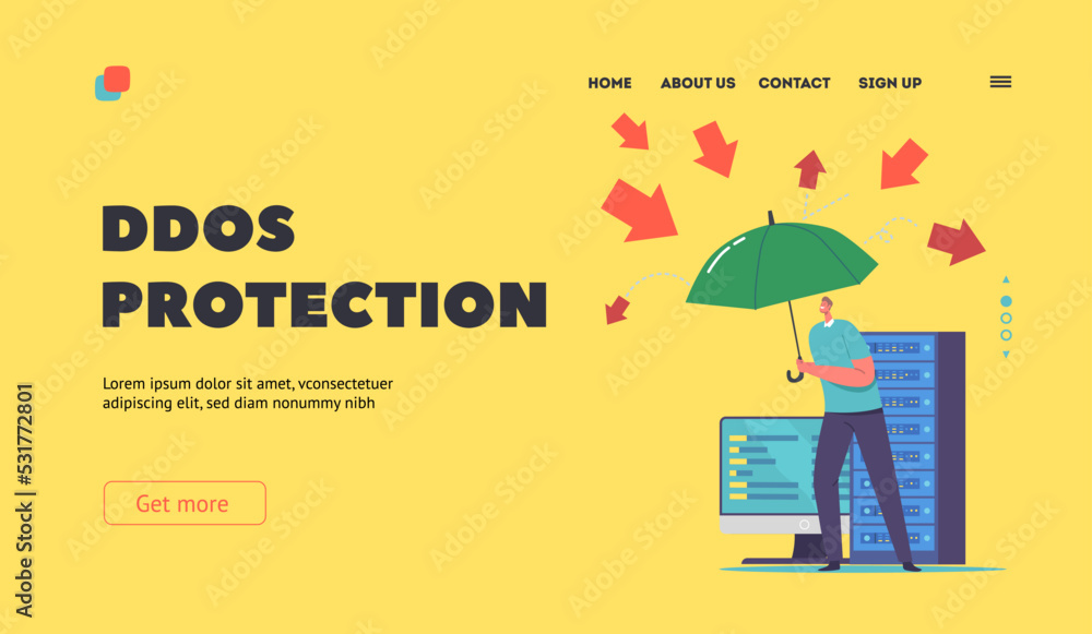 Poster ddos protection landing page template. man with umbrella protect computer from virus or hacker attac