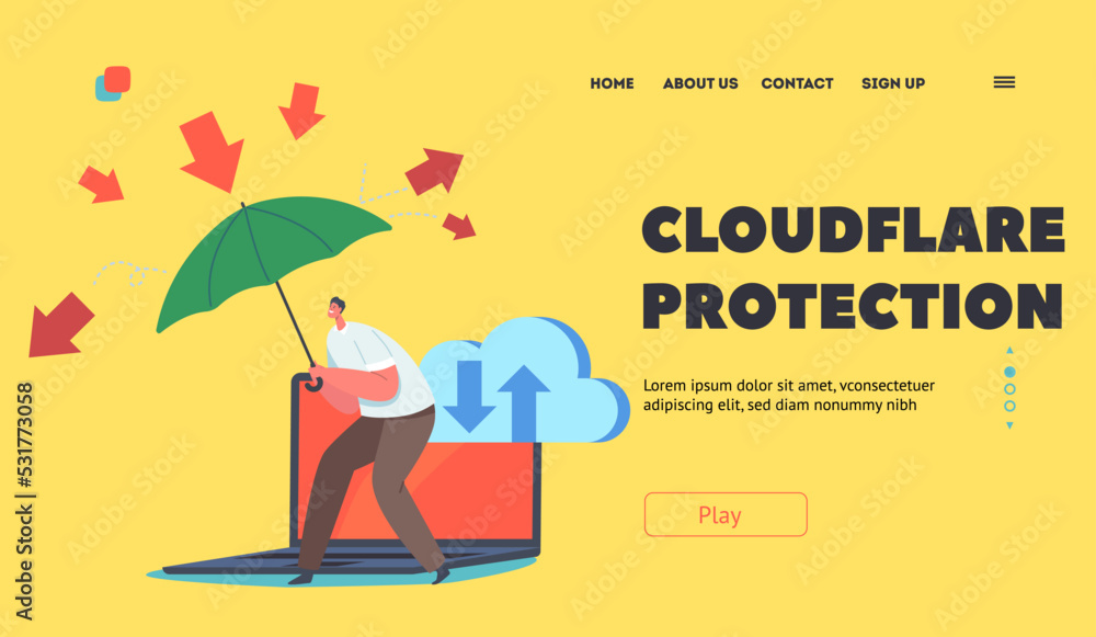 Poster cloudflare protection landing page template. hacker attack and safety digital technology concept. ma