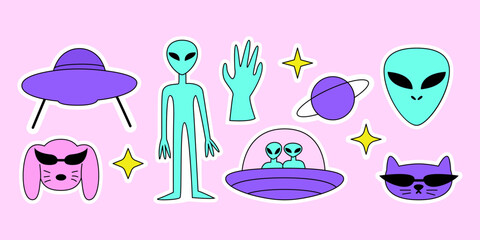 Set of cute y2k stickers on isolated background. Alien, ufo ship, cat and dog in futuristic sunglasses and stars. Vector illustration in 90s, 00s nostalgia style. © Felizabeth