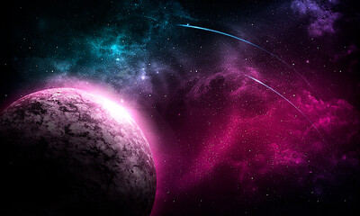 planet moon in space among the pink bright glow of stars and nebulae, abstract space 3d illustration, 3d image, background