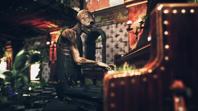 Animation of a zombie playing the piano during Halloween in a dark, horrible house. The concept of a post-apocalyptic world or Halloween.