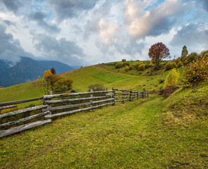 Cloudy and foggy day autumn mountains scene. Peaceful picturesque traveling, seasonal, nature and countryside beauty concept scene. Carpathian Mountains, Ukraine.