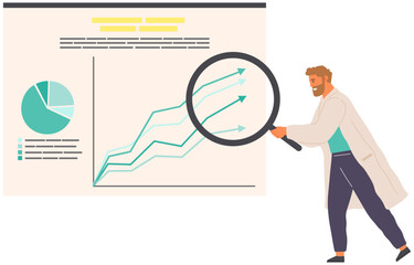 Search for solutions, scientific analysis concept. Man looking at statistical chart. Scientist works with data analytics and research of statistics. Person with magnifying glass analyzes diagram