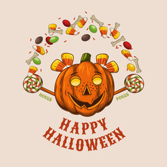 Funny emblem with text, candy, pumpkin head like mischievous little girl face with freckles. Kid tosses up candy with bones. Text Happy Halloween. Good for branding, t-shirt design. White background