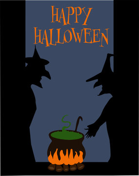 Happy Halloween concept vector. Witches and witch cauldron. Design can be used as social media post, website banner, poster, brochure, greeting card, flyer.