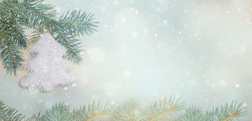 Christmas background with fir branches and snow.  Christmas and New Year banner, background with copy space. Happy New Year