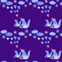 Foxes admiring the night starry sky. Seamless watercolor pattern on dark violet background