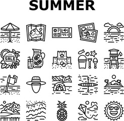 summer season vacation nature icons set vector. holiday travel, sun beach, poster sea, tropical sale, party, hot discount promotion summer season vacation nature black contour illustrations