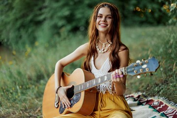 Hippie woman smiling and hugging her guitar in nature in the park in the sunset light in...