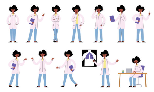 Vector set of woman doctor with various poses and gestures