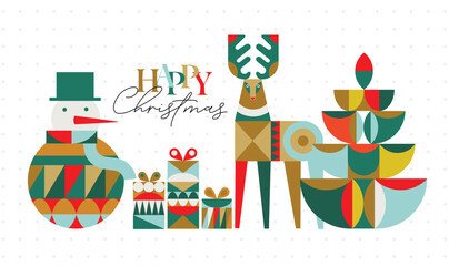 Poster snowman, present box, deer, tree lettering happy Christmas in cubism style drawing on light background
