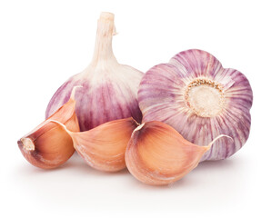 Two bulbs of garlic and cloves isolated on white background