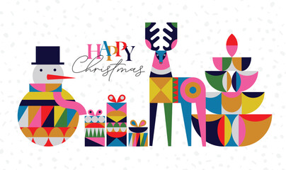 Poster snowman, present box, deer, tree lettering happy Christmas in cubism style drawing on white background