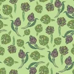 Watercolor vegetable pattern artichokes on green background