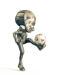 mini astronaut cartoon is kicking the football ball
