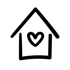 Vector Doodle Outline Drawing of a House with a Heart. Home Line Icon Isolated on a White Background. Children's Drawing. Romantic Decorative Element for Valentine's Day Design. Sticker, Logo, Tattoo.
