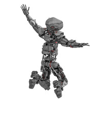 mega robot is happy and jumping in white background hear view