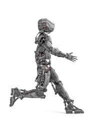 mega robot is walking on white background side view