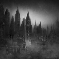 Night city in the fog. - obrazy, fototapety, plakaty