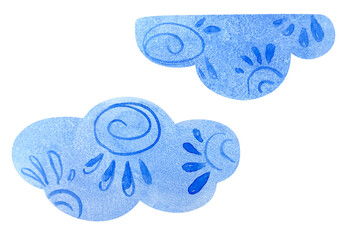 Decorative clouds in folklore style. Painted in blue watercolor on a white background.