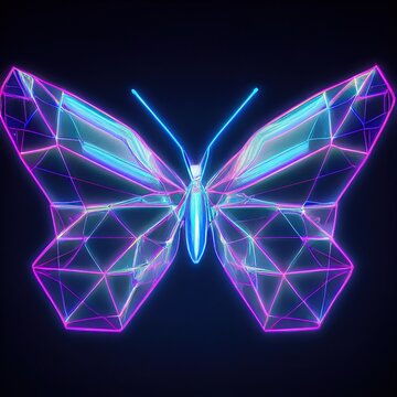 Raster illustration of glass figurine in the form of butterflies with neon glow. Abstract patterns with blue neon illumination, insect wings, jewelry. Futurism concept. 3d rendering artwork