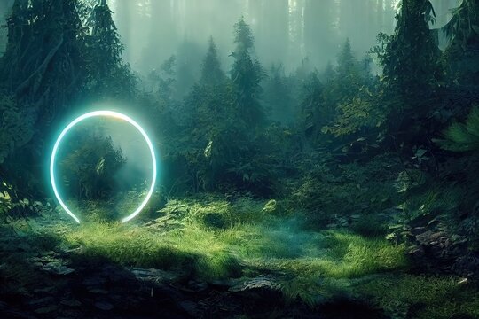 Raster illustration of magical portal in dense overgrown forest. Wild forest, ancient stone buildings, bushes, jungle, cultural monuments, teleportation to parallel universes. 3D rendering