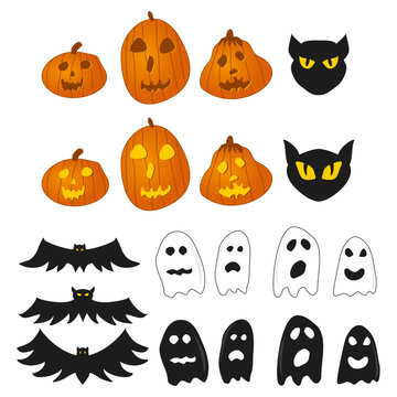 Halloween items, Scary ghosts, pumpkins, bats, Cats