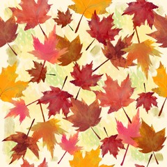 Naklejka na ściany i meble Watercolor pattern golden autumn leaves autumn yellow orange red leaf fall