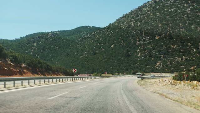 Beautiful nature Turkey. Car driving on the road. Inside view of a car.