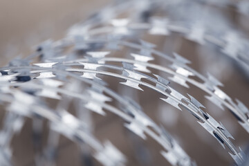 Closeup of sharp and dangerous  barb wire razor blades - obrazy, fototapety, plakaty