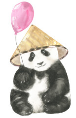 Watercolor baby panda with balloon illustration,cute animal drawing, chinese hat, nursery decor,print,poster,postcard, baby shower, hand-painted clipart, it's a boy, gender reveal party, neutral, diy