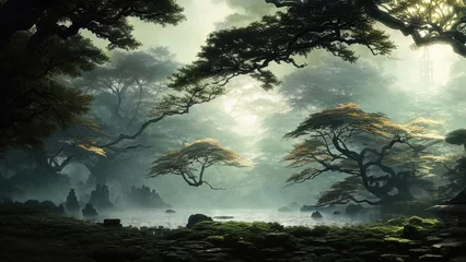Rolgordijnen Donkere Japanse tuin met grote oude bomen, Japans bos, park. Fantasielandschap, dicht boslandschap. 3D illustratie. © Terablete
