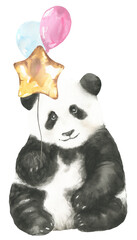 Fototapeta premium Watercolor baby panda with balloon illustration,cute animal drawing, chinese hat, nursery decor,print,poster,postcard, baby shower, hand-painted clipart, it's a boy, gender reveal party, neutral, diy