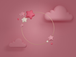 Metal frame with stars and clouds. 3d rendered design element for text. Pink mockup.