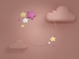 Metal frame with stars and clouds. 3d rendered design element for text. Pink, orange, and yellow mockup.