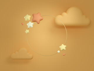 Metal frame with stars and clouds. 3d rendered design element for text. Yellow and orange mockup.