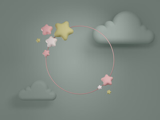 Metal frame with stars and clouds. 3d rendered design element for text. Pink, and green mockup.