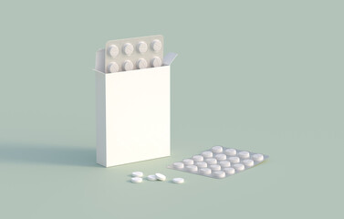 White circle pills in blister pack in cardbox packaging. Mockup template. 3d rendering