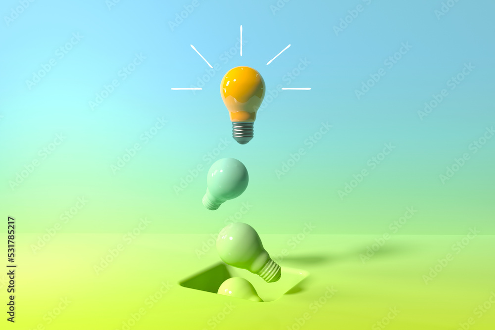Poster one out unique idea light bulb with a hole on the floor - 3d render