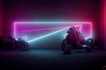 Naklejka na ściany i meble Cyberpunk Motorcycles parking in glowing lights