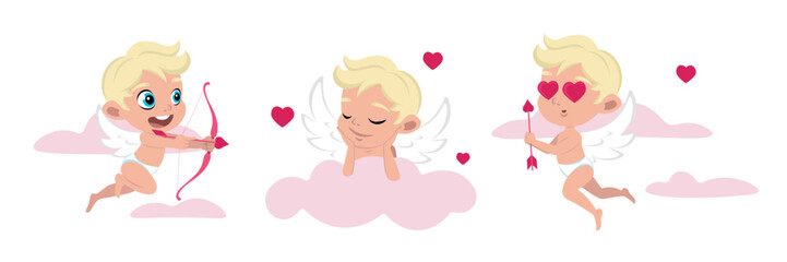 Vector illustration of cute and beautiful cupids on white background. Charming fabulous characters shoot from the bow of love, sleeping on clouds, flying with loving eyes in cartoon style.
