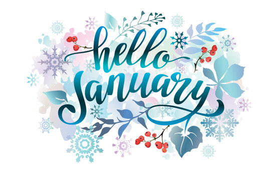 Hello January banner with colorful leaves, snowflakes, berries and lettering inscription. Winter background.