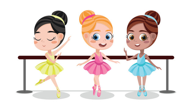 Vector illustration of cute and beautiful ballerinas and gymnasts on white background. Charming fabulous characters in different poses stand near the ballet barre in cartoon style.