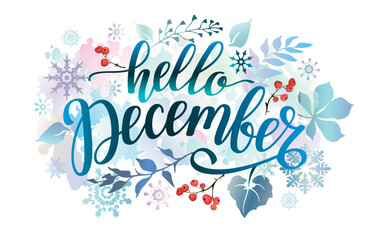 Hello December banner with colorful leaves, snowflakes, berries and lettering inscription. Winter background. © VETOCHKA