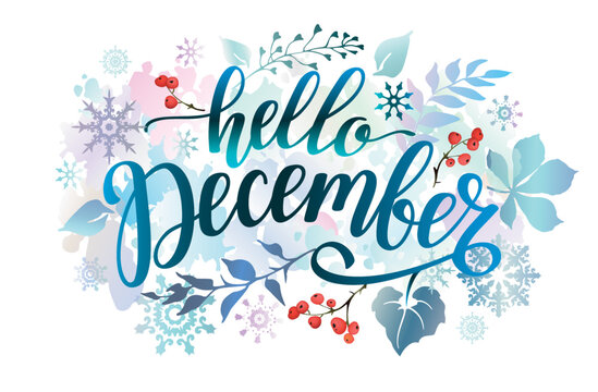 Hello December banner with colorful leaves, snowflakes, berries and lettering inscription. Winter background.