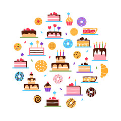 Pastry circle concept design on white background. Colorful baked healthy food set. Dessert elements donut cake muffin croissant bun puff for cafe restaurant breakfast menu flat vector illustration.