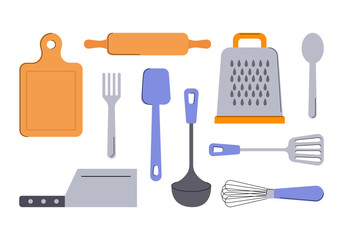 Kitchen Tools vector flat Illustration. Kitchenware and utensils. Spatula, whisk, rolling pin, spoon, fork,
