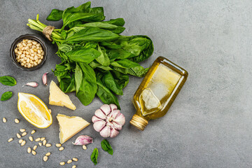 Fototapeta na wymiar Traditional ingredients for the preparation of classic Italian basil pesto. Fresh leaves, olive oil