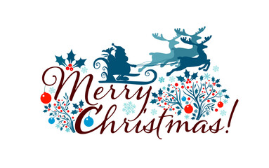 Merry Christmas banner. Santa Claus on reindeer. Vector illustration